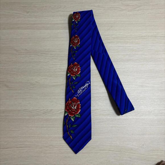 Men’s Blue Ed Hardy Tie - Roses - Ed Hardy By Christian Audigier - Picture 1 of 6